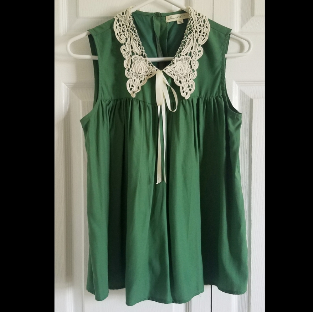 Comme Toi Green Yoke Crochet Collar Blouse Small